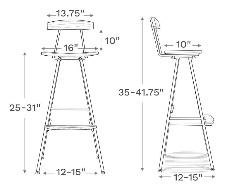 Line drawing depiction of the stool showing the main product dimensions including height, width, and depth of the stool.