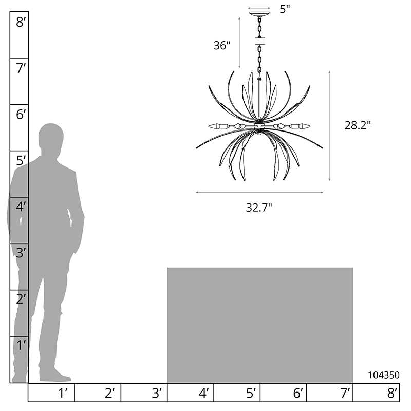 Line drawing of a decorative chandelier with leaf-like arms, dimensions included.