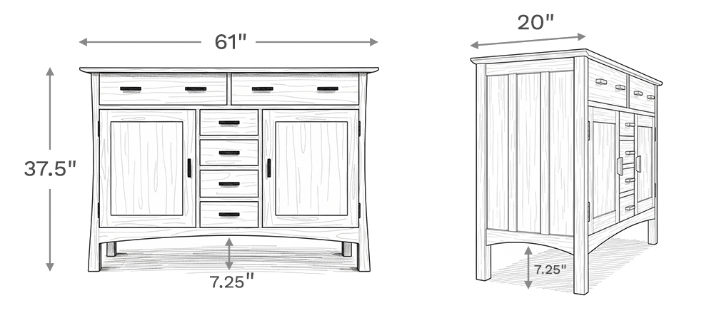 Line drawing depiction of the sideboard showing the main product dimensions including height, width, and depth of the sideboard.