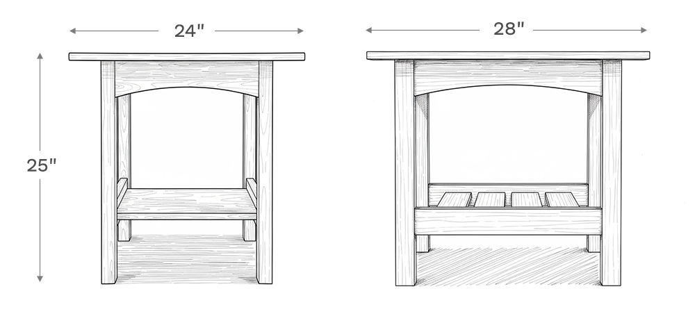 Line drawing depiction of the lamp table showing the main product dimensions including height, width, and depth of the lamp table.