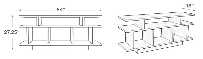 Line drawing depiction of the tv stand showing the main product dimensions including height, width, and depth of the tv stand.