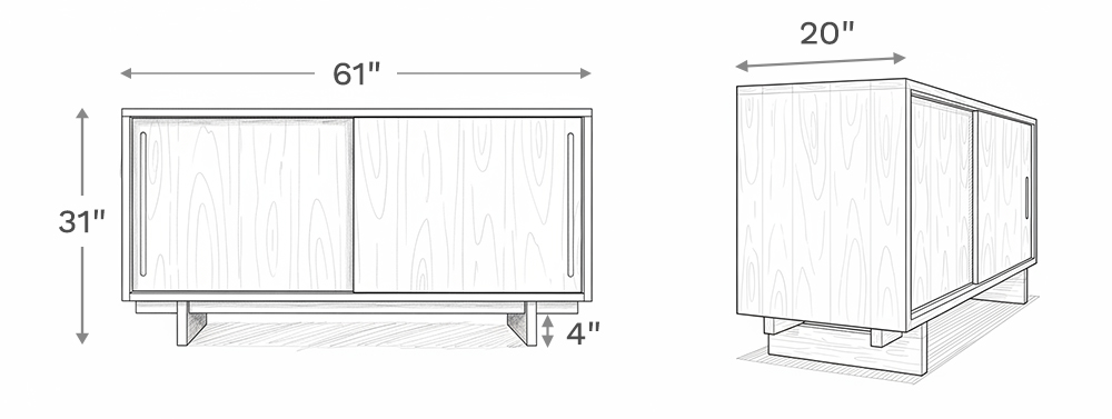 Line drawing image showing exact dimensions of the tv stand from two different angles.