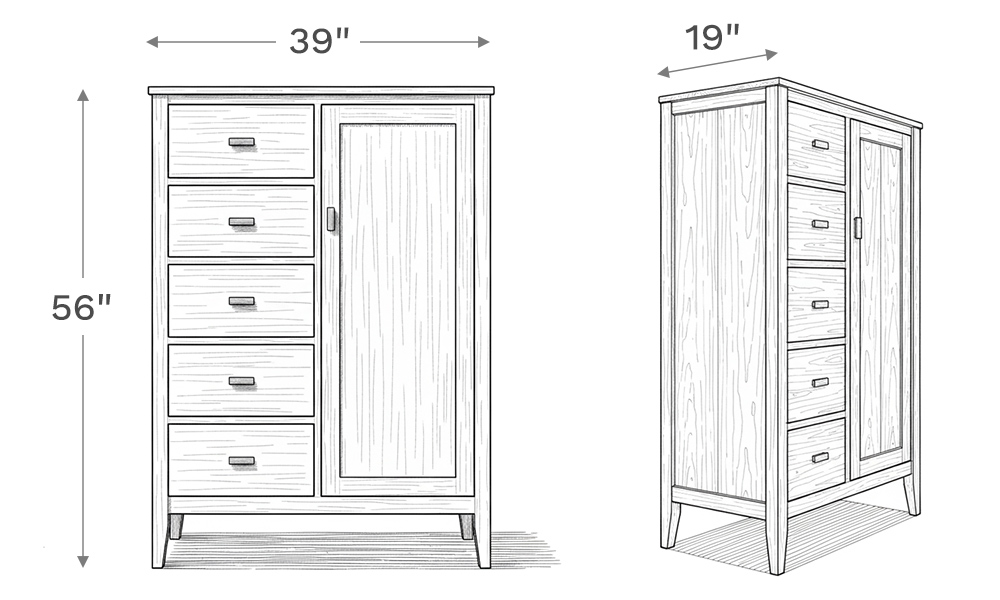 Line drawing depiction of the chest showing the main product dimensions including height, width, and depth of the chest.