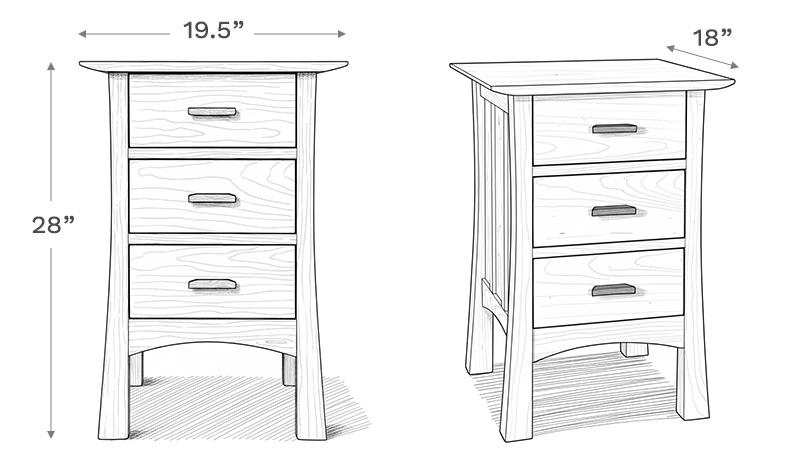 Line drawing depiction of the nightstand showing the main product dimensions including height, width, and depth of the nightstand.