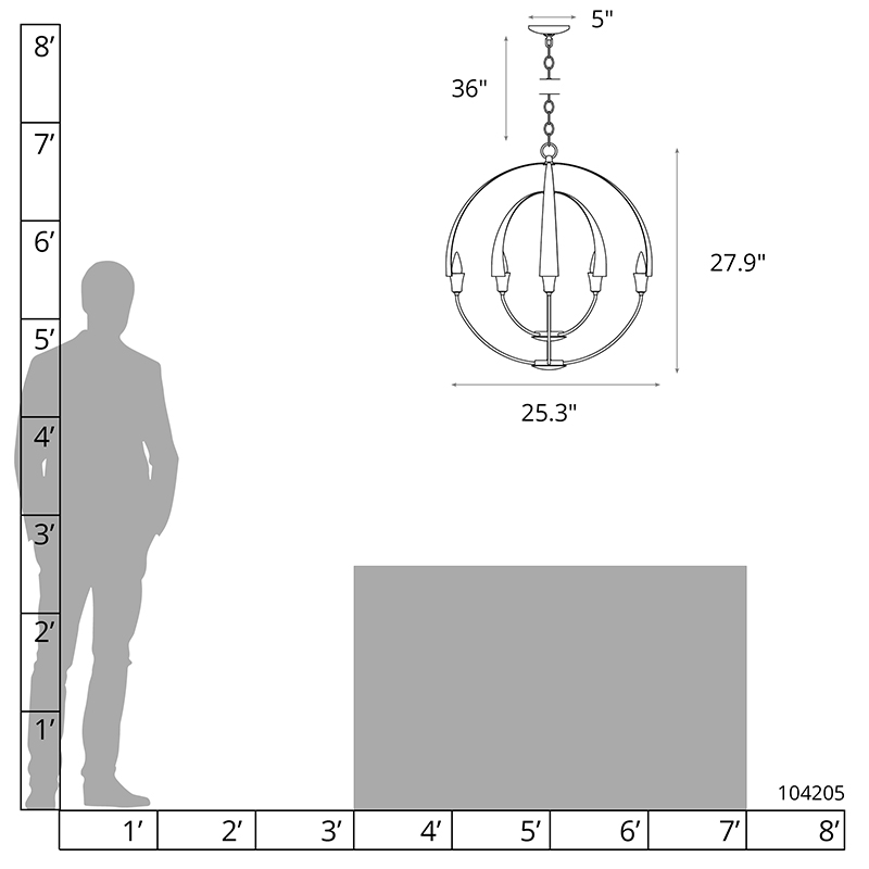 Circular chandelier drawing with dimensions including height, width, and overall size.