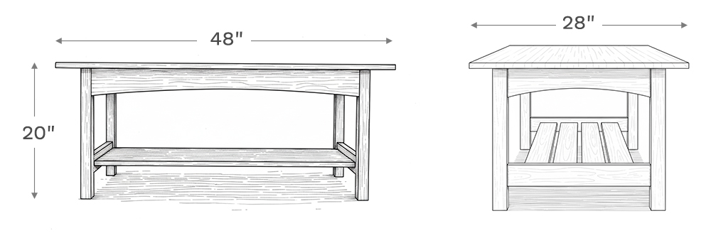 Line drawing depiction of the coffee table showing the main product dimensions including height, width, and depth of the coffee table.