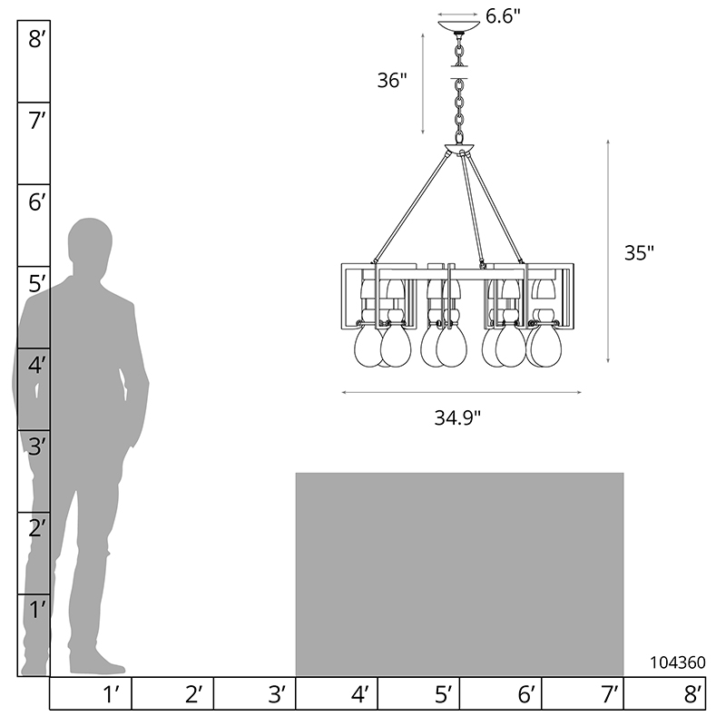 Line drawing of a large, rectangular chandelier with multiple pendant lights, showing dimensions.