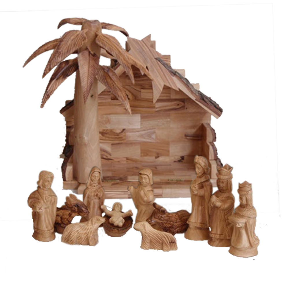 Olive Wood Nativity with Palm Tree Stable, , large image number 0