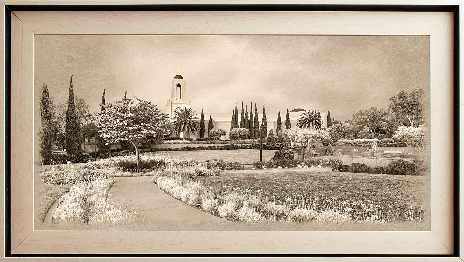 Newport Beach Temple Framed Art, Light Wood (22x39 Textured Paper)