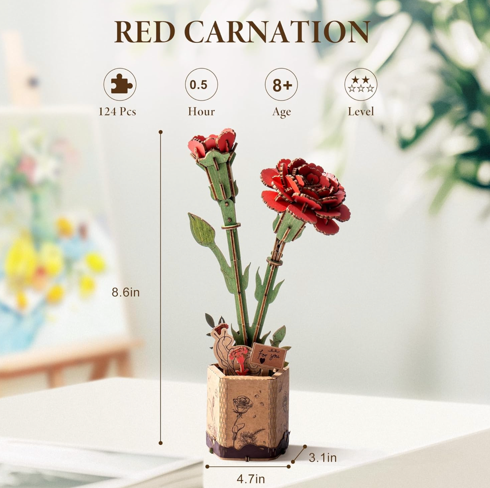Red Carnation Wooden 124 Piece Puzzle, , large
