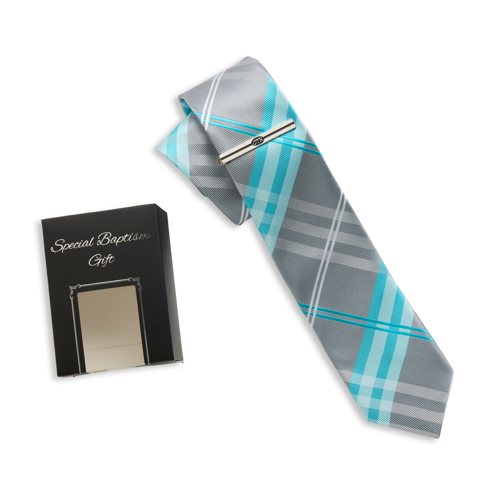 Ctr Tie Pin Aqua Plaid Boxed Tie Set Baptism