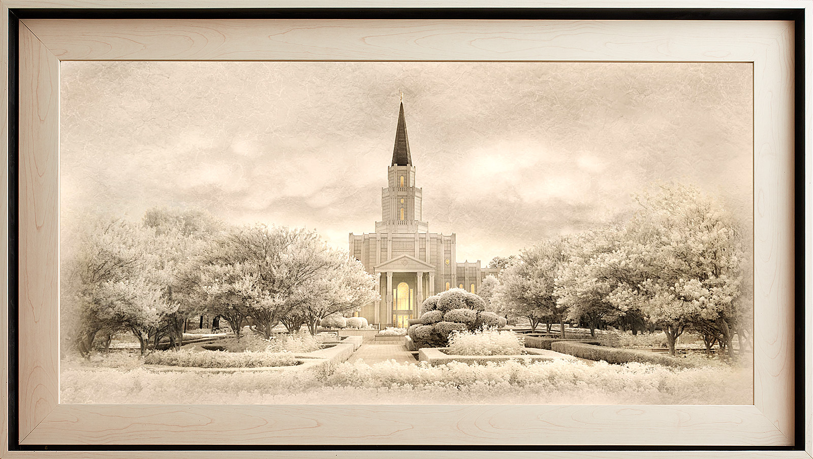 Houston Temple Framed Art, Light Wood (22x39 Textured Paper)
