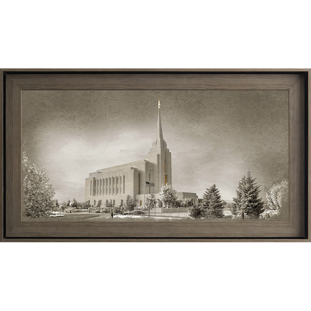 Rexburg Temple Framed Art, Gray Wood (22x39 Textured Paper)