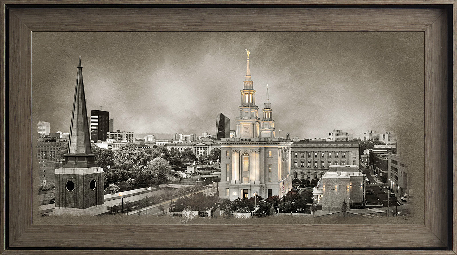 Philadelphia Temple Framed Art, Gray Wood (22x39 Textured Paper), , large image number 0