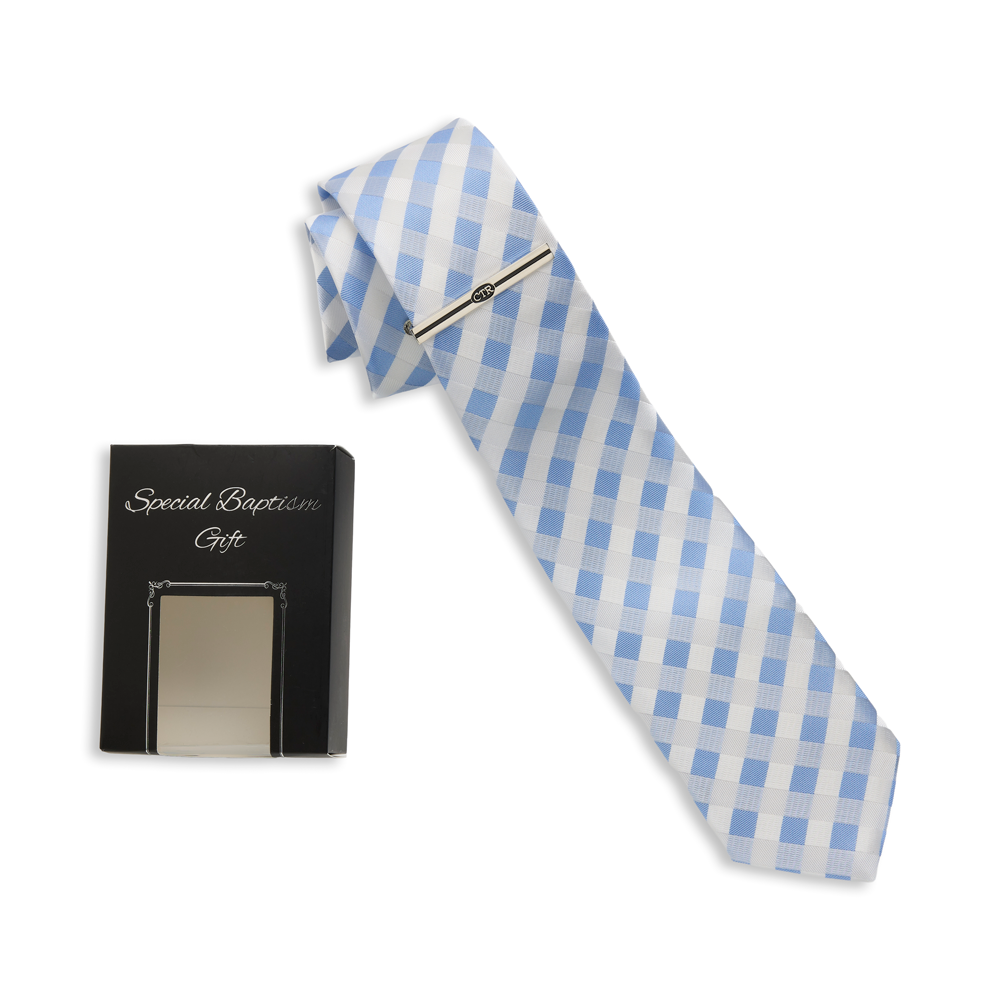 Blue Check Necktie and Tie Bar Baptism Set