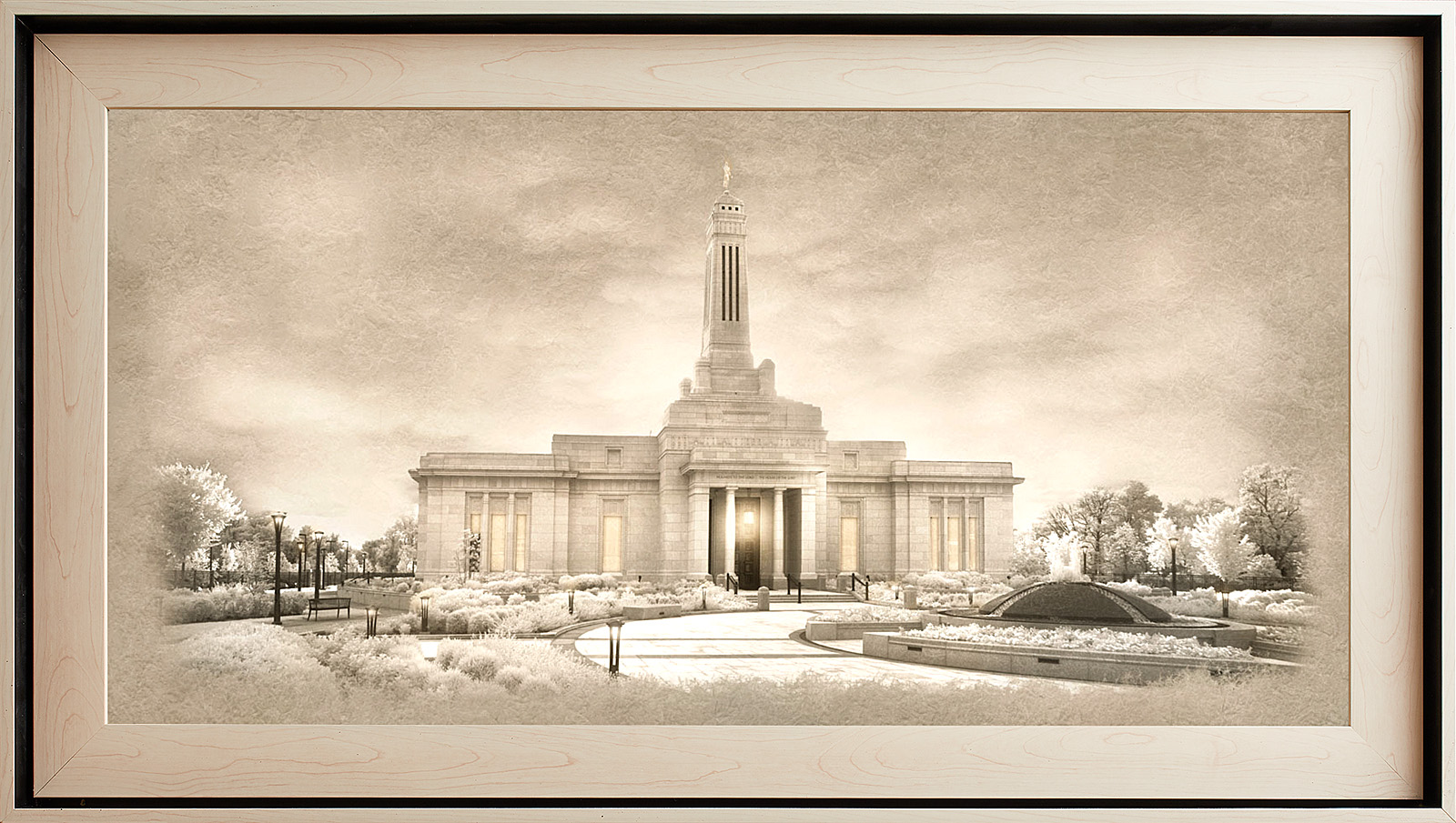 Indianapolis Temple Framed Art, Light Wood (22x39 Textured Paper)