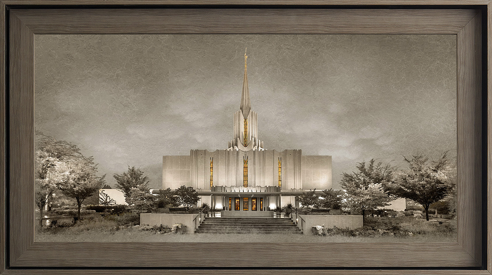 Jordan River Temple Framed Art, Gray Wood (22x39 Textured Paper)
