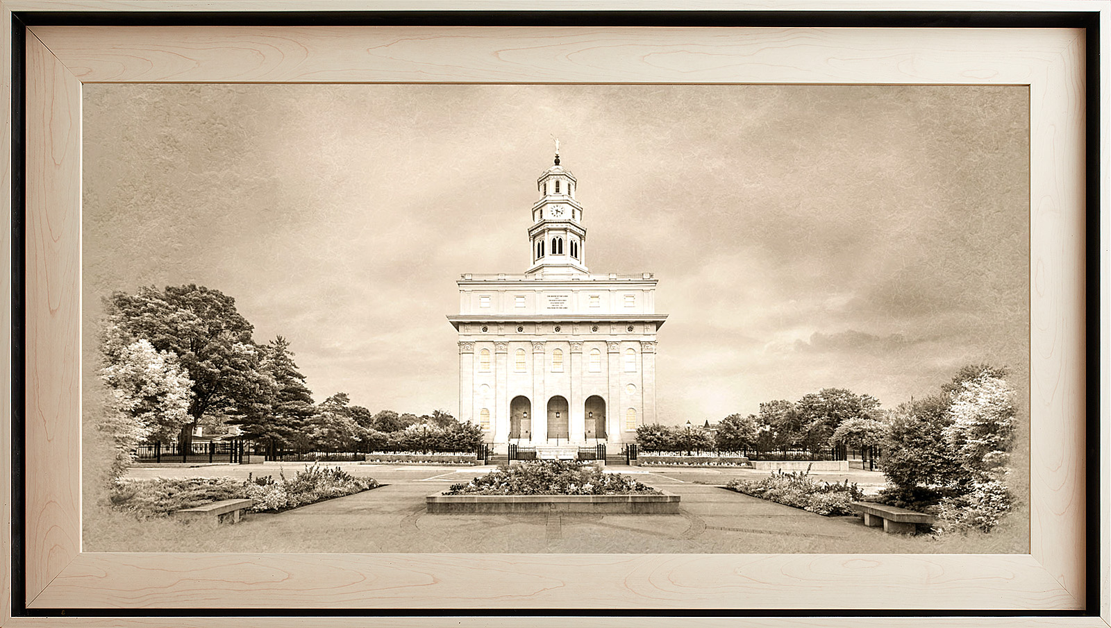 Nauvoo Temple Framed Art, Light Wood (22x39 Textured Paper)