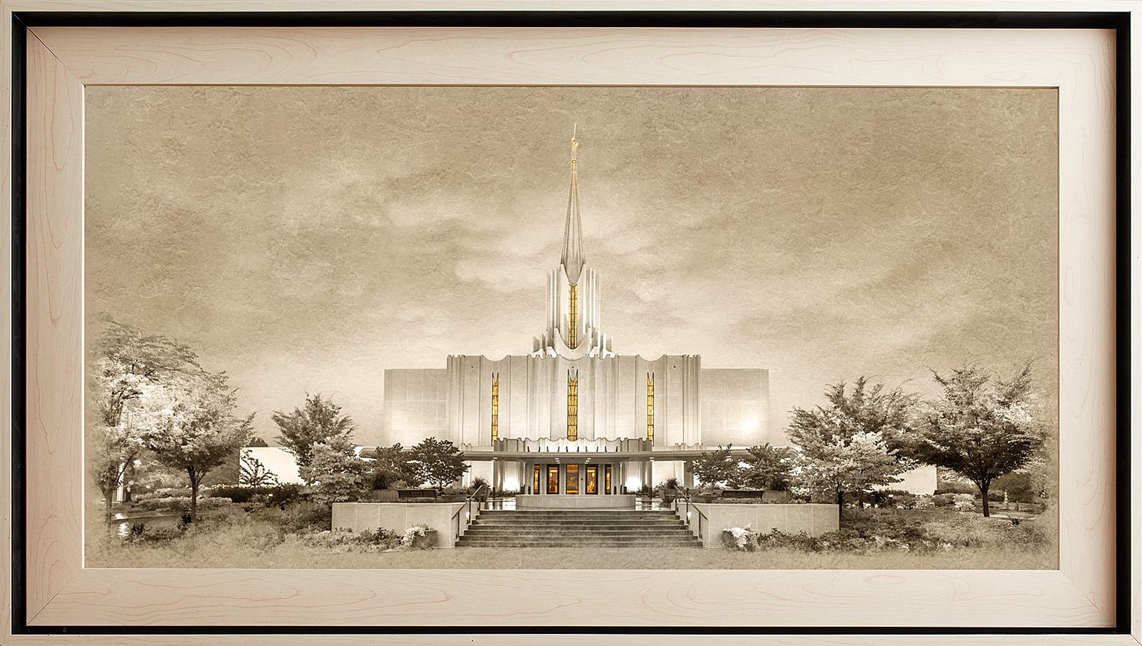 Jordan River Temple Framed Art, Light Wood (22x39 Textured Paper)