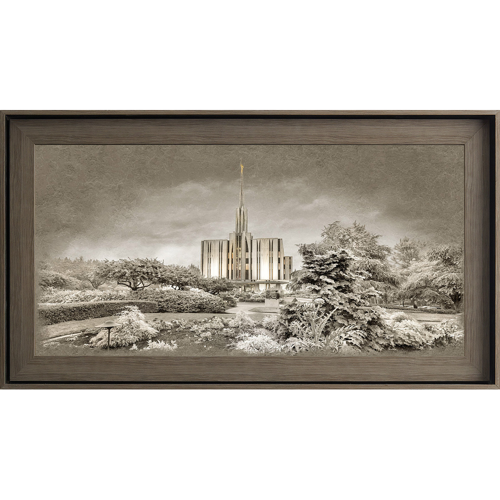 Seattle Temple Framed Art, Gray Wood (22x39 Textured Paper)