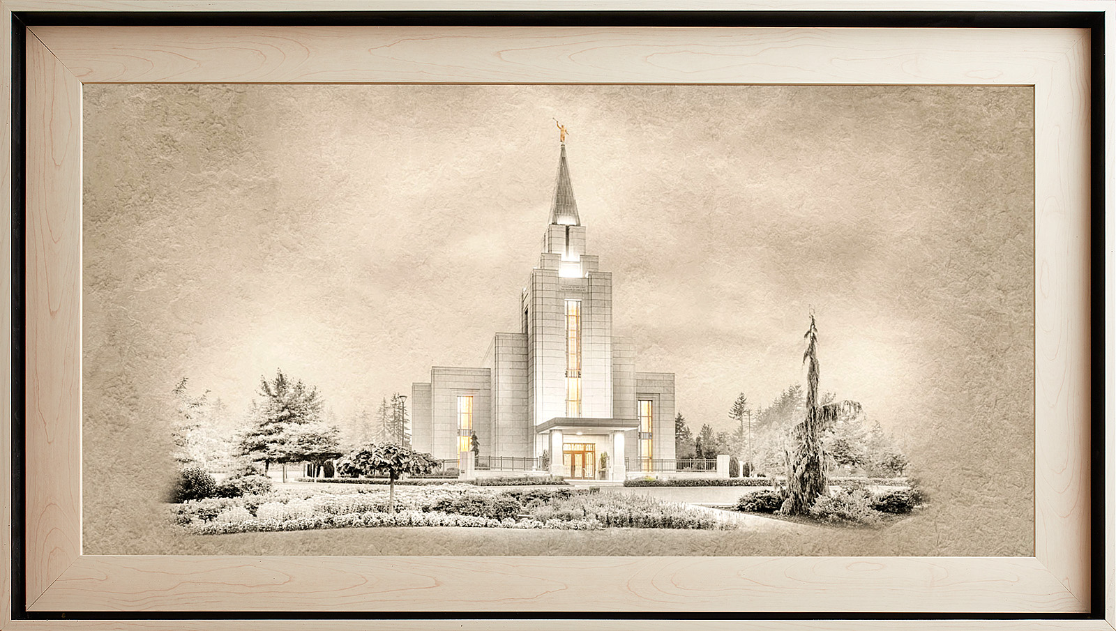 Vancouver Temple Framed Art, Light Wood (22x39 Textured Paper)