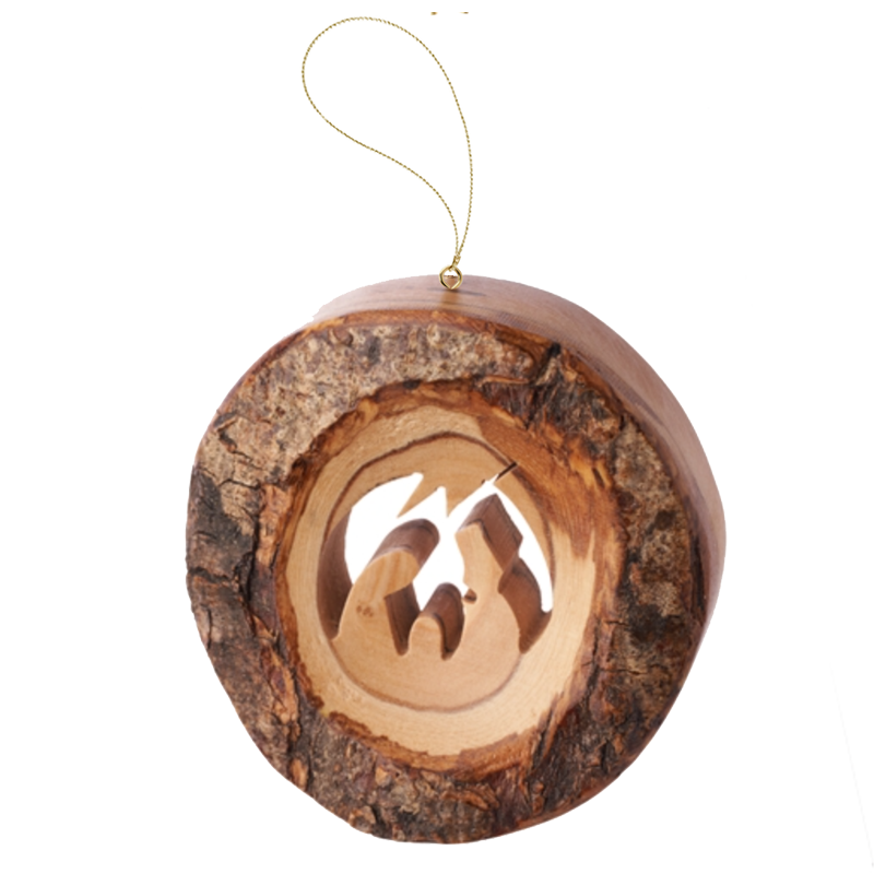 Carved Bark Holy Family Ornament