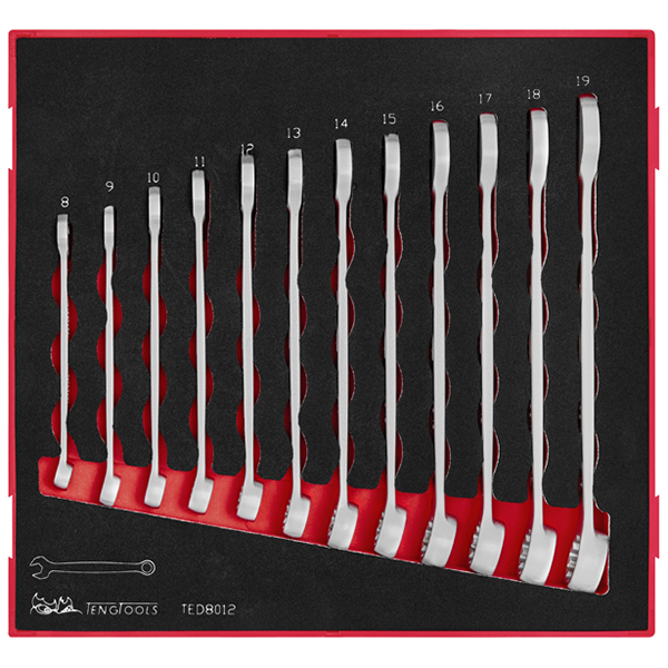 TENG 12PCE ANTI-SLIP COMBINATION SPANNER SET 8-19MM - TED-TRAY