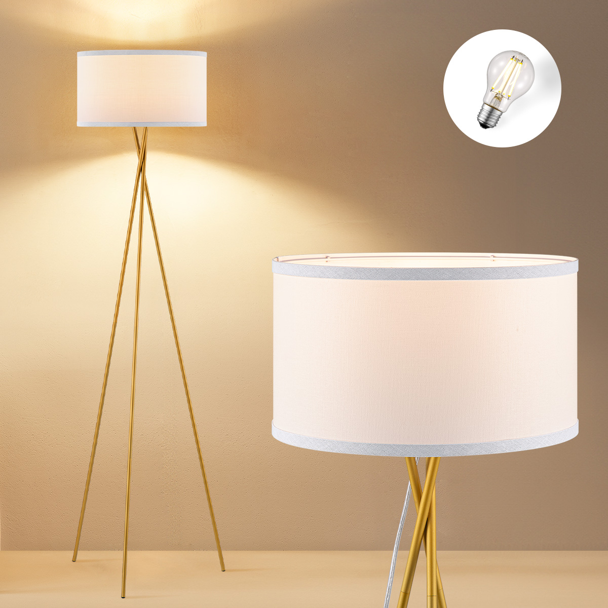 Moderne Vloerlamp - Metalen Staande lamp met wit stoffen Lampenkap - 53/53/138cm - Inclusief LED E27 Lichtbron 9W 806Lm - met Voetschakelaar - voor Woonkamer en Slaapkamer