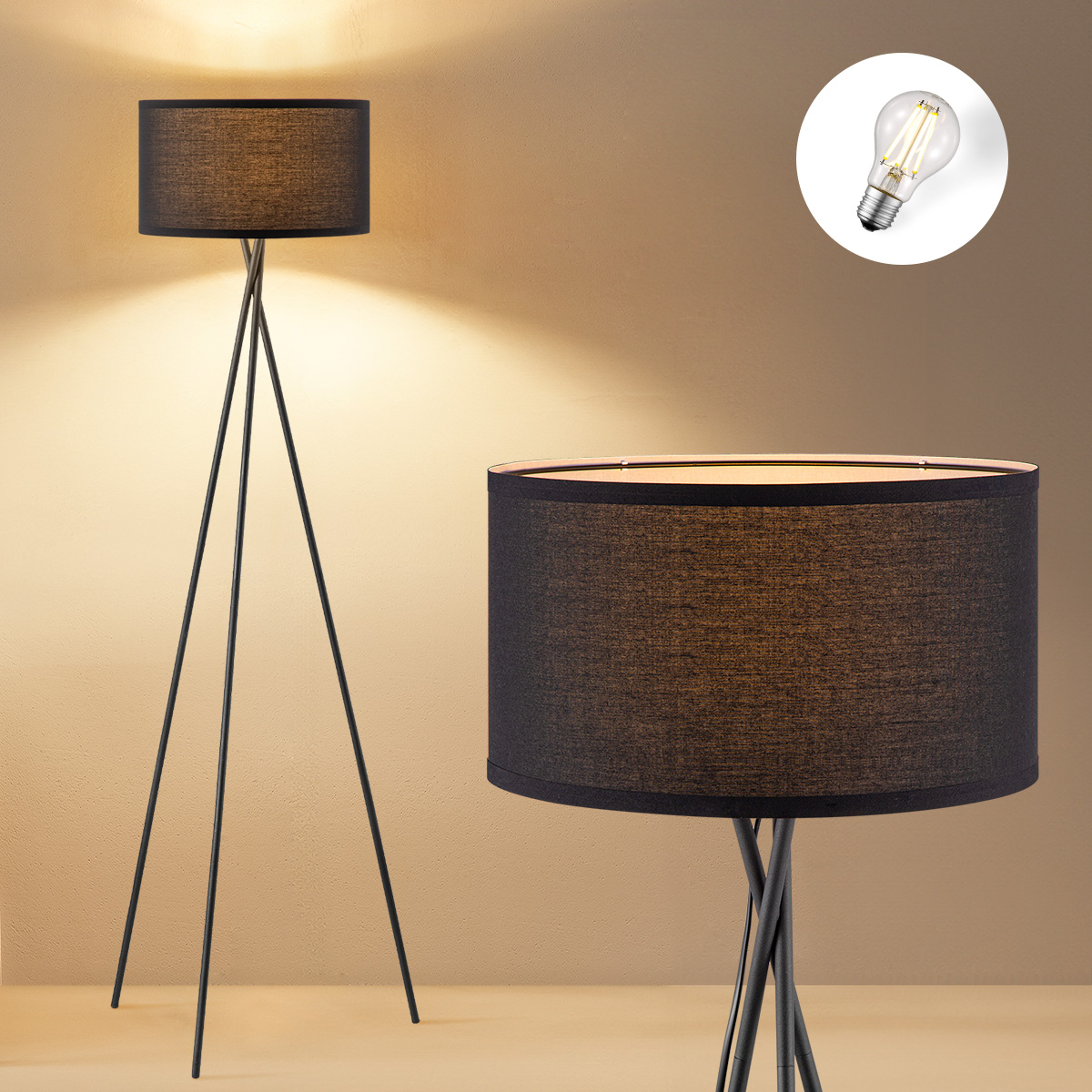 Moderne Vloerlamp - Zwarte Stoffen Lampenkap en Metalen Staande lamp - 53/53/138 cm - Inclusief LED E27 Lichtbron 9W 806Lm - voor Woonkamer en Slaapkamer - Met Voetschakelaar