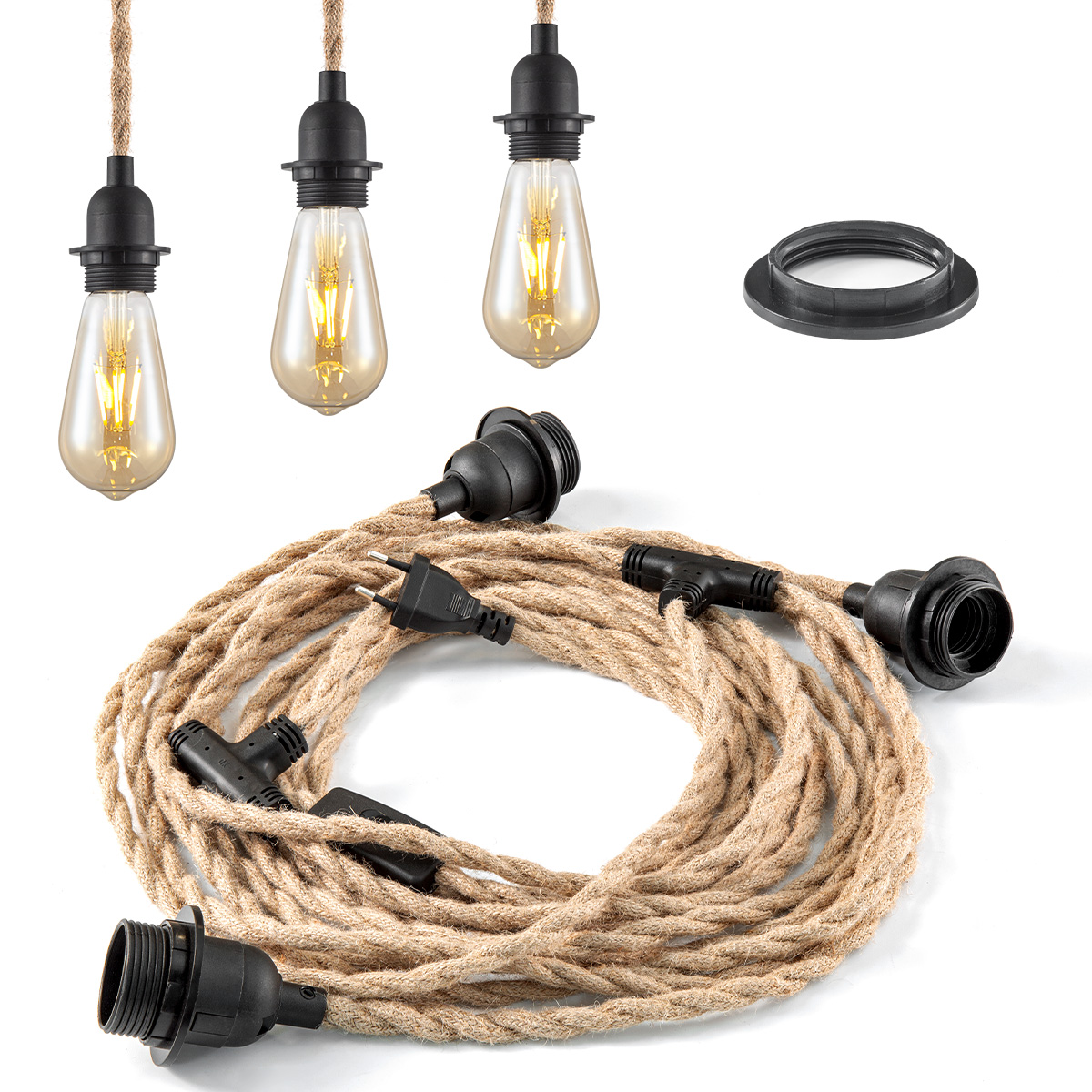 Vintage Hanglamp kit - 3-licht Linen Hanglamp met schakelaar 750 cm - Geschikt voor woonkamers en landhuizen - DIY kabel set met 3 x E27 lampfittingen - Geschikt voor lampenkappen