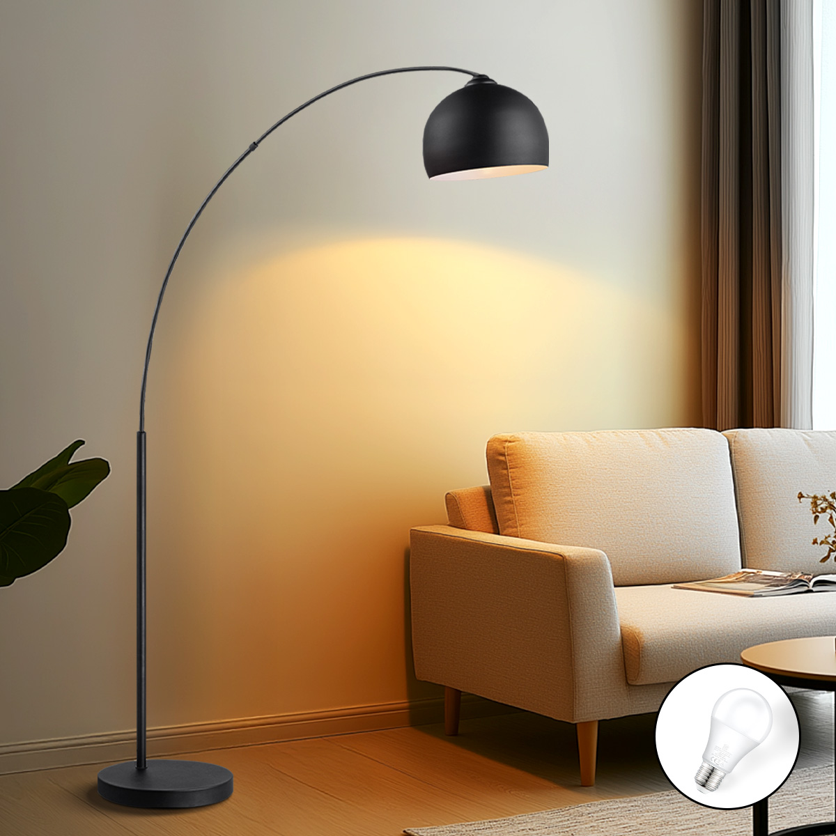 Moderne BoogVloerlamp Fisher - Zwart - 109/30/172cm - staande lamp met Zwart lampenkap - geschikt voor E27 LED lichtbron - met voetschakelaar - geschikt voor woonkamer, slaapkamer en thuiskantoor