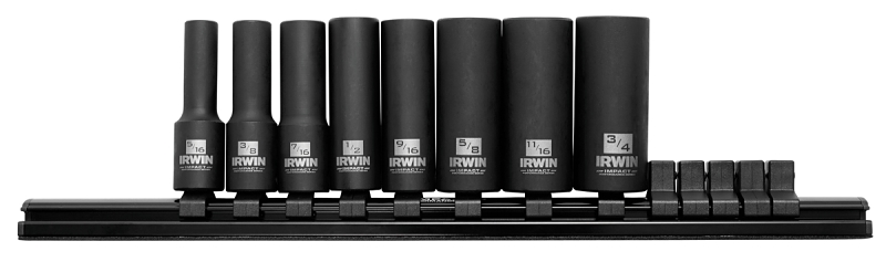 Irwin 1877481 Impact Socket Rail Set, 5/16, 3/8, 7/16, 1/2, 9/16, 5/8, 11/16, 3/4 in Socket, 3/8 in Drive, Square Drive