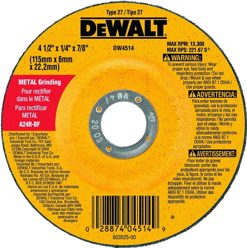 DEWALT HP DW4514 Grinding Wheel, 4-1/2 in Dia, 1/4 in Thick, 7/8 in Arbor, 24 Grit, Very Coarse, Aluminum Oxide Abrasive