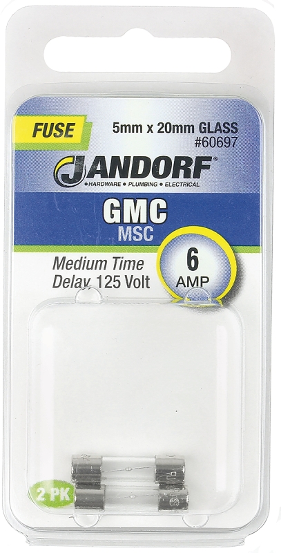 JANDORF GMC Series 60697 Time Delay Fuse, 6 A, 125 V, 10 kA Interrupt, Glass Body, Medium Time Delay Fuse