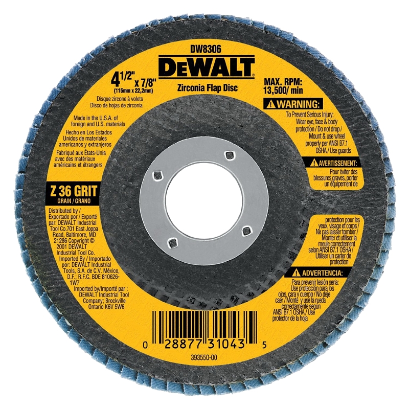 DEWALT HP DW8311 Flap Disc, 4-1/2 in Dia, 5/8-11 Arbor, 40 Grit, Coarse, Zirconia Abrasive, Fiberglass Backing