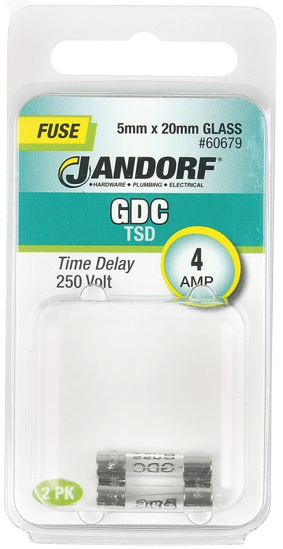 JANDORF GDC Series 60679 Time Delay Fuse, 4 A, 250 V, 40 A Interrupt, Glass Body, Time Delay Fuse