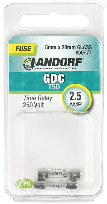 JANDORF GDC Series 60677 Time Delay Fuse, 2.5 A, 250 V, 35 A Interrupt, Glass Body, Time Delay Fuse
