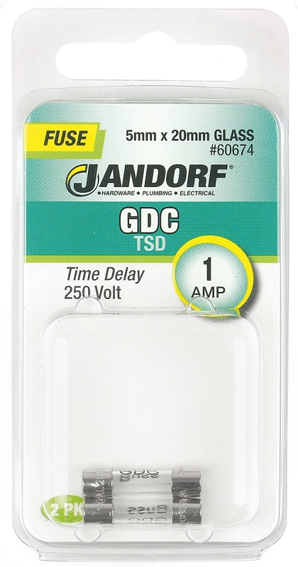JANDORF GDC Series 60674 Time Delay Fuse, 1 A, 250 V, 35 A Interrupt, Glass Body, Time Delay Fuse