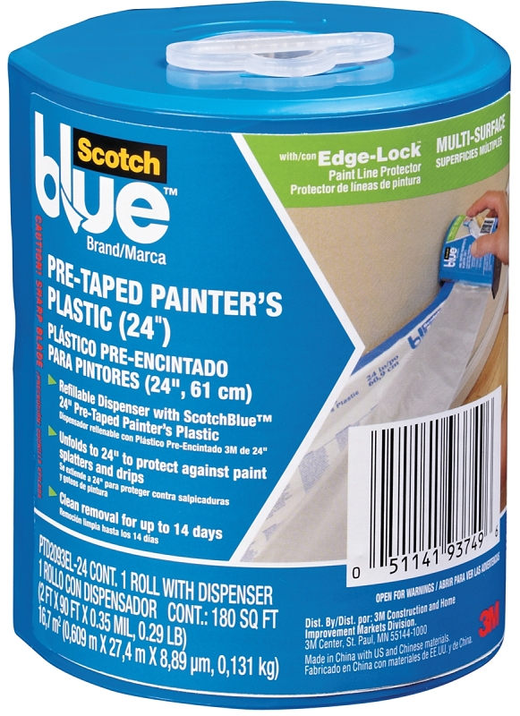 ScotchBlue PTD2093EL-24-S Painter's Tape with Dispenser, 30 yd L, 24 in W, 4.7 mil Thick, Paper Backing, Transparent
