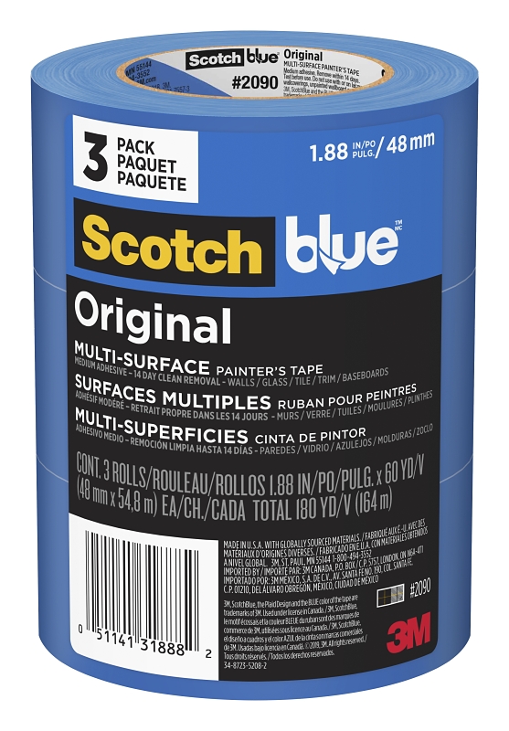 ScotchBlue 2090-48EVP Painter's Tape, 60 yd L, 1.88 in W, Crepe Paper Backing, Blue