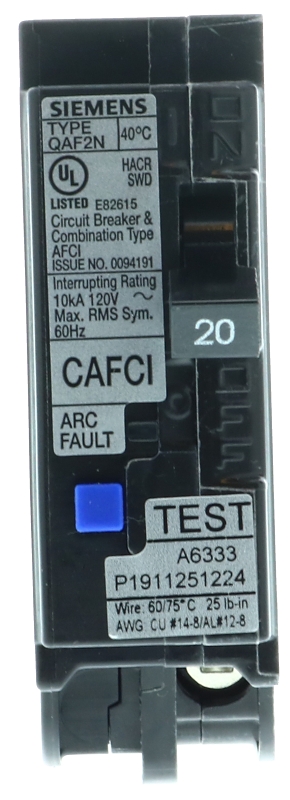 Siemens QA120AFCN Circuit Breaker, Combination AFCI, Low Voltage, 20 A, 1-Pole, 120 V, Plug Mounting