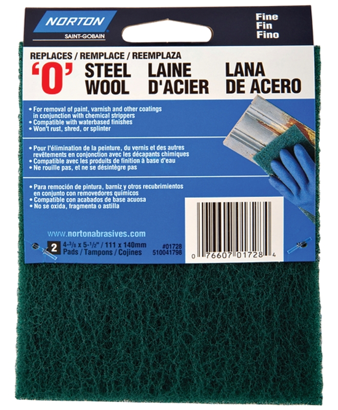 Norton 01728 Steel Wool, 4-3/8 in L, 5-1/2 in W, 0 Grit, Fine, Green