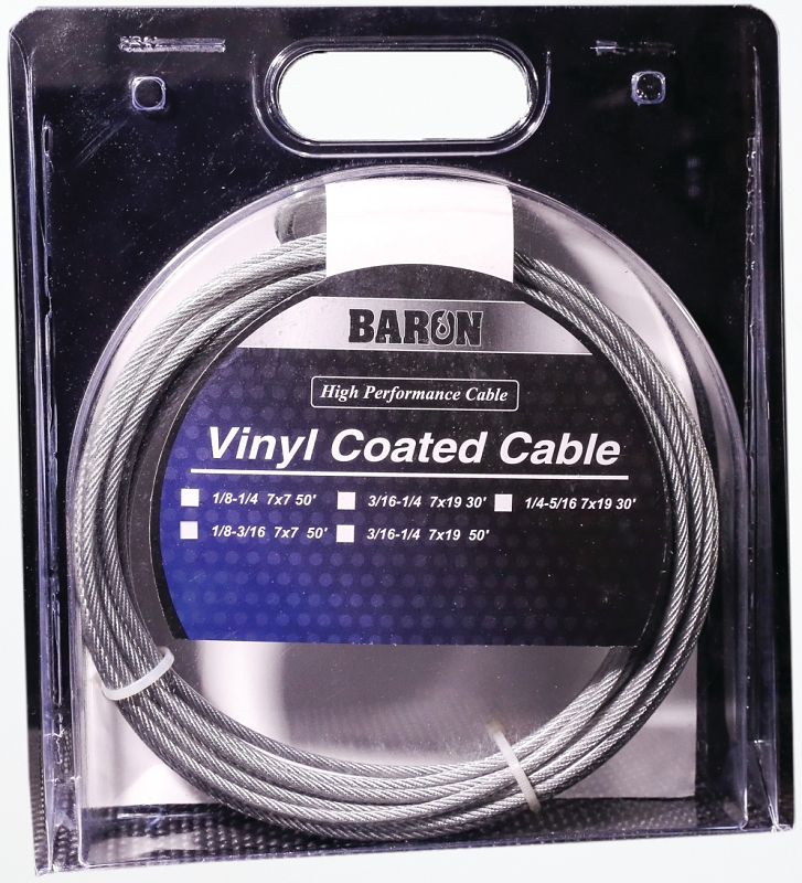 Baron 53205/50235 Aircraft Cable, 3/16 to 1/4 in Dia, 100 ft L, 740 lb Working Load, Galvanized Steel, Vinyl-Coated