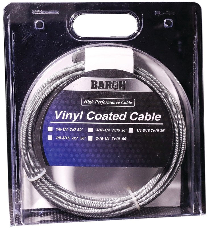 Baron 50215/50215 Aircraft Cable, 1/8 to 3/16 in Dia, 100 ft L, 340 lb Working Load, Galvanized Steel, Vinyl-Coated