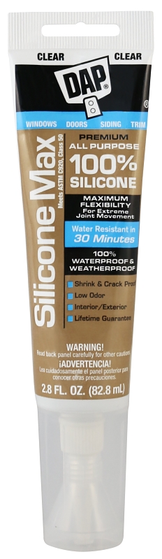 DAP Silicone Max 7079808792 All-Purpose Sealant, Clear, 24 hr Curing,-35 to  120 deg F, 2.8 oz Tube #VORG1135292, 7079808792