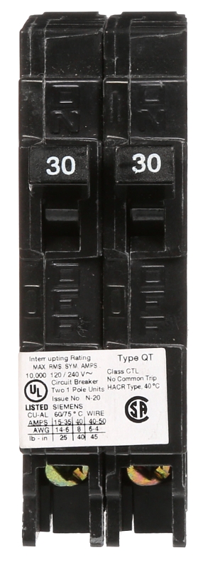 Siemens Q3030 Low Voltage Circuit Breaker, Type QT, 30 A, 1-Pole, 120 VAC, Plug