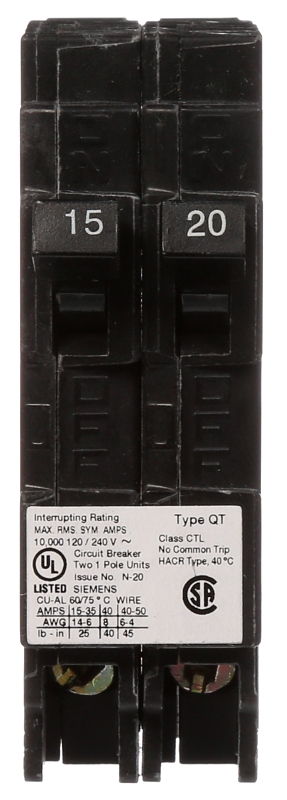 Siemens Q1520 Circuit Breaker, Type QT, 15 to 20 A, 1-Pole, 120 V, Plug Mounting