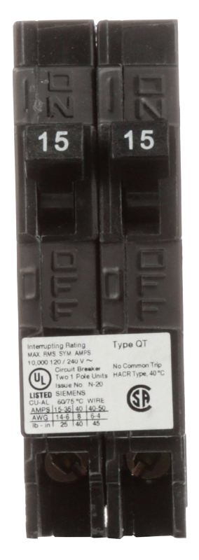 Siemens Q1515NC Circuit Breaker, Type QT, 15 A, 1-Pole, 120 V, Plug Mounting