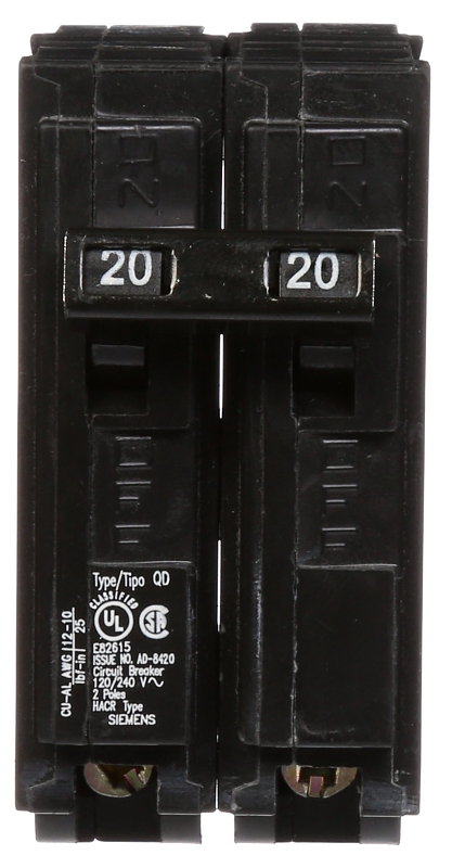 Siemens D220 Circuit Breaker, Low Voltage, QD, 20 A, 2-Pole, 120/240 VAC, Common Trip, Plug Mounting