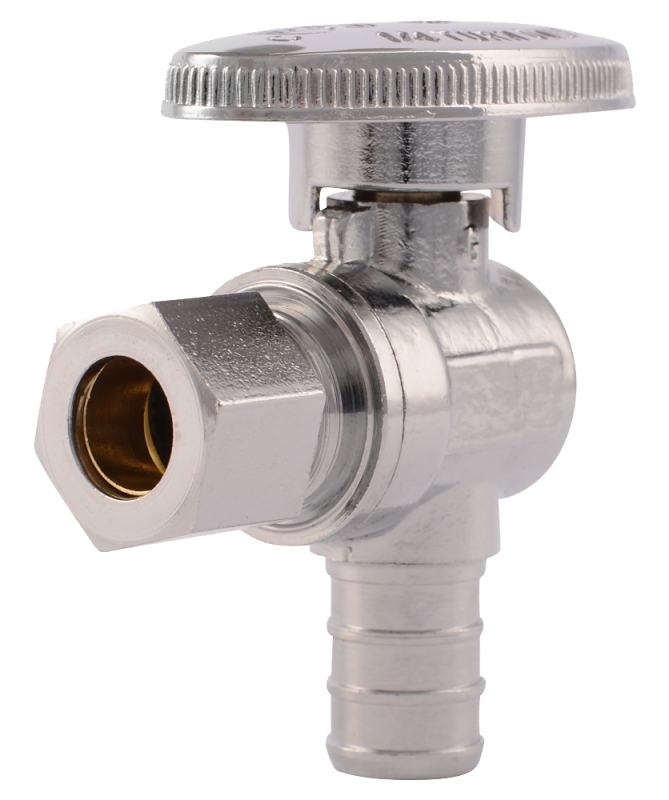 SharkBite 23058LF Angle Stop Valve, 1/2 x 3/8 in Connection, Barbed x Compression, 80 psi Pressure, Brass Body